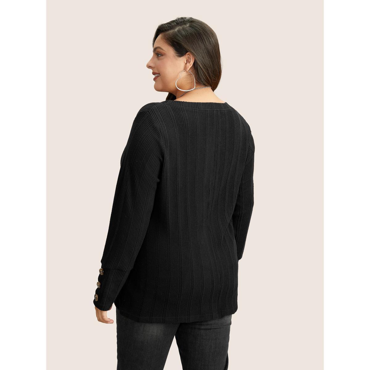 Plus Size Rib Knit V Neck Button Detail T-shirt Black Women Casual Non Plain V-neck Everyday T-shirts BloomChic 22-24/3X Product Image