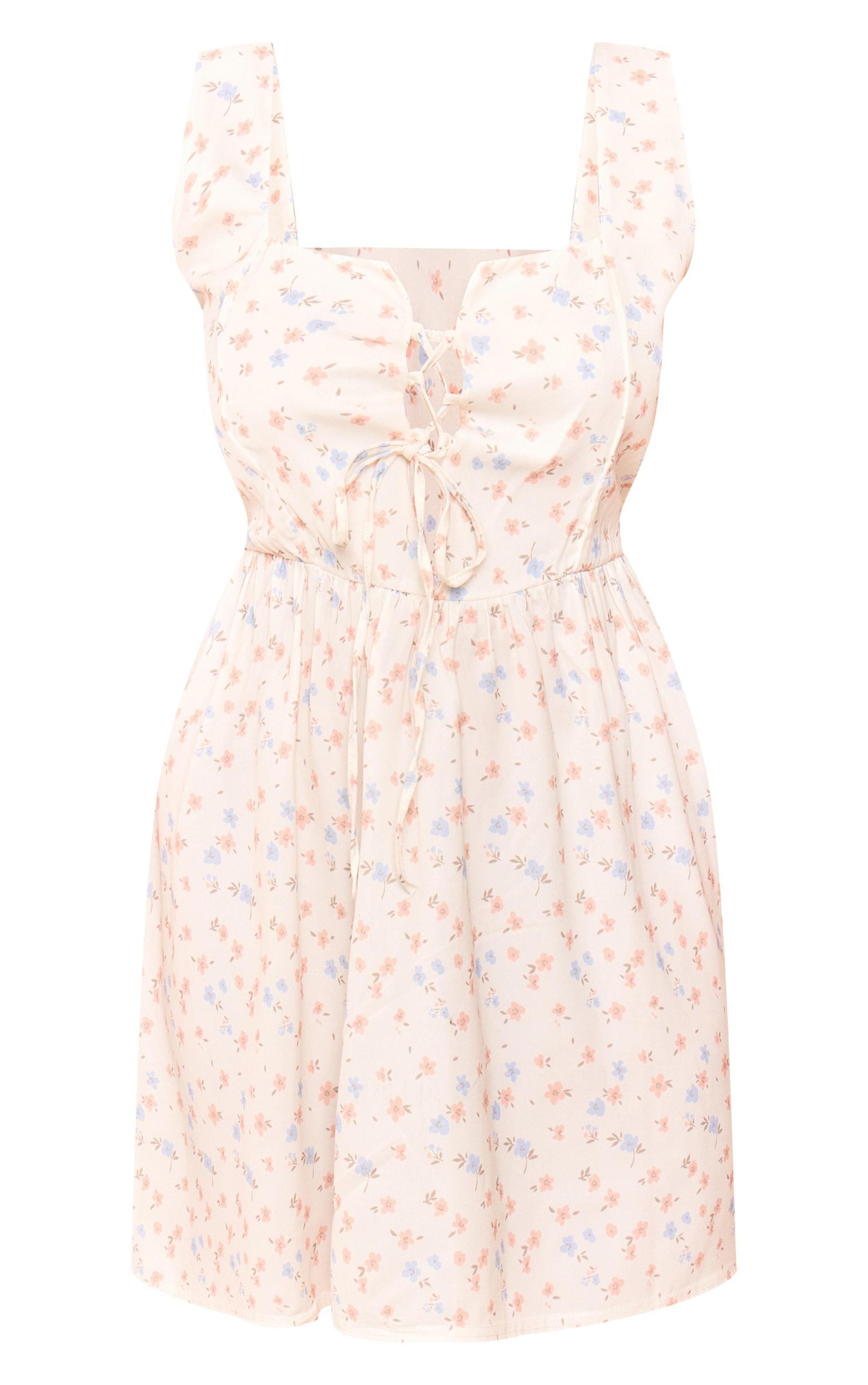 Plus Cream Ditsy Floral Lace Up Front Corset Skater Dress Product Image