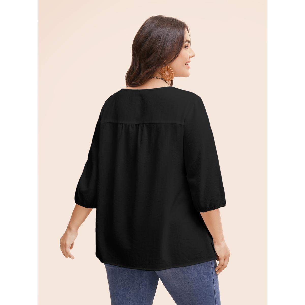 Plus Size Black Floral Embroidered Tie Knot Lantern Sleeve Blouse Women Resort Elbow-length sleeve V-neck Vacation Blouses BloomChic 22-24/3X Product Image