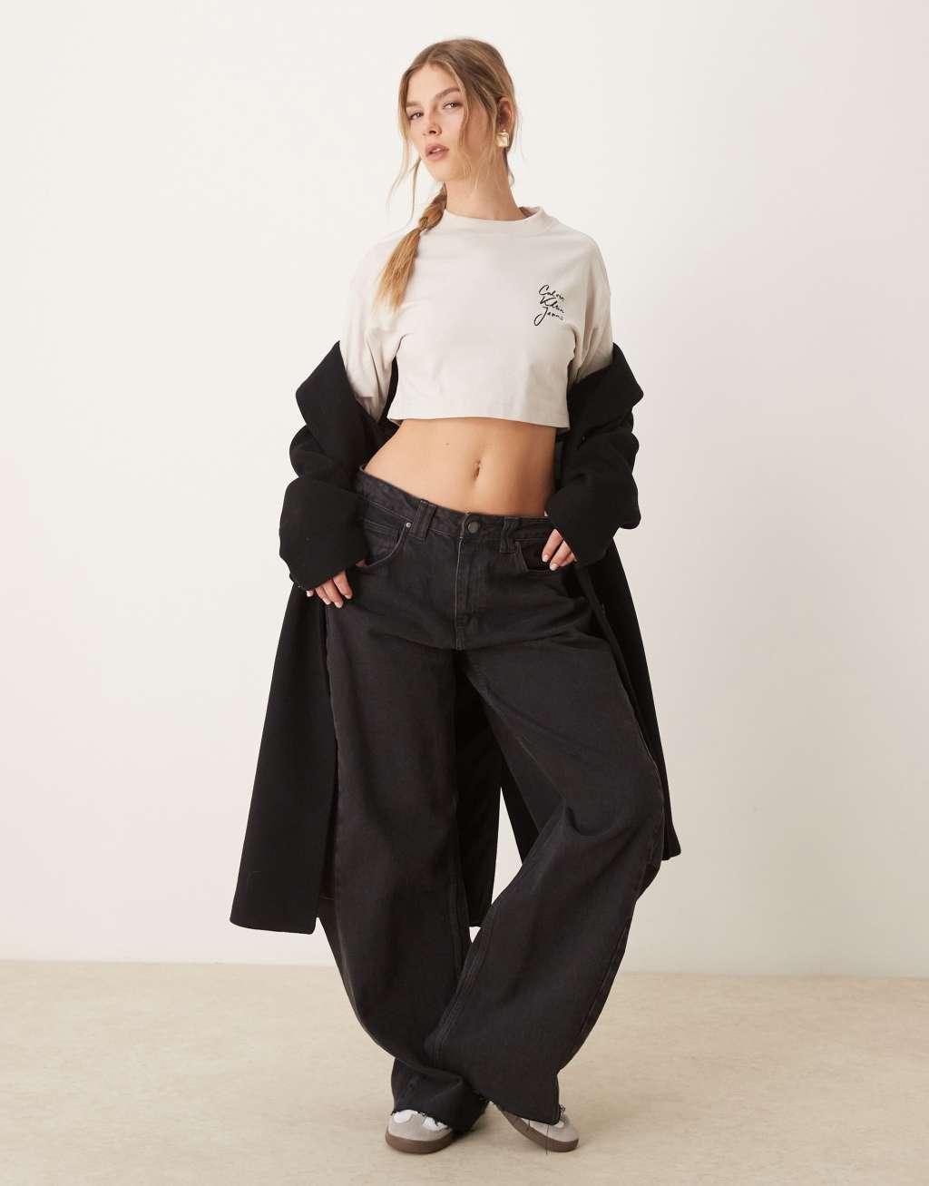 Calvin Klein Jeans script logo crop long sleeve t-shirt in beige Product Image
