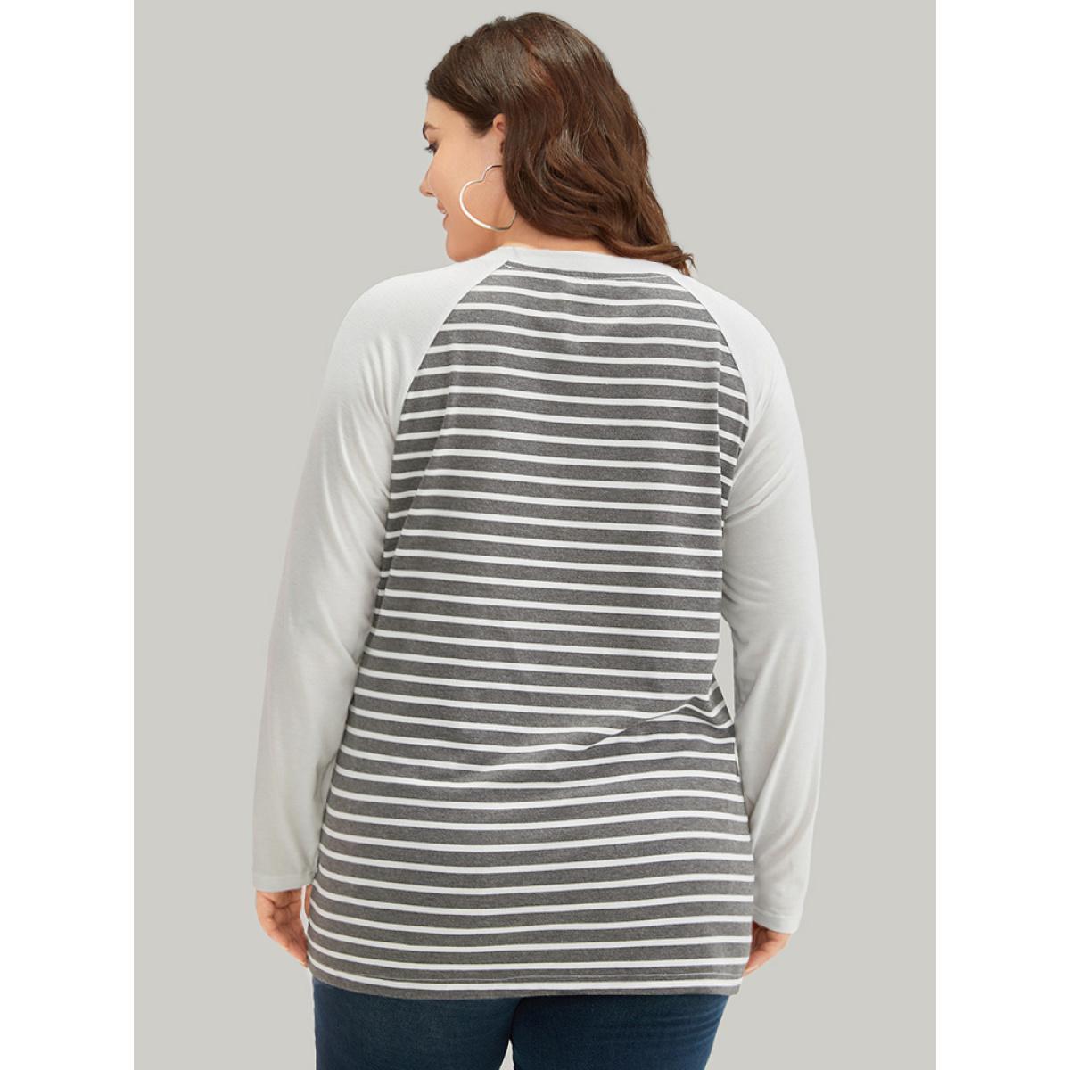 Plus Size Striped Patchwork Button Detail Raglan Sleeve T-shirt Gray Women Casual Patchwork Striped Round Neck Dailywear T-shirts BloomChic 18-20/2X Product Image