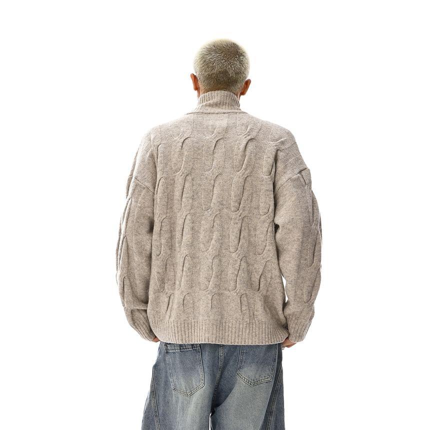 Stand Collar Plain Cable Knit Zip Cardigan Product Image