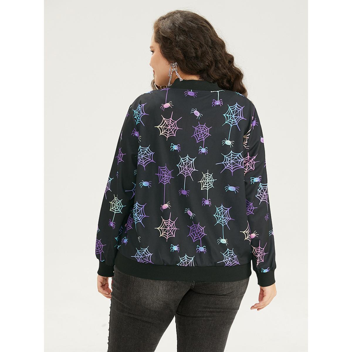 Plus Size Halloween Spider Web Zipper Pocket Jacket Women Black Elastic cuffs Pocket Dailywear Jackets BloomChic 28/5X Product Image