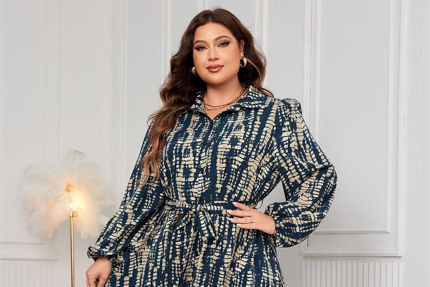 Long Sleeve Collared Patterned Print Maxi A-Line Shirt Dress Product Image