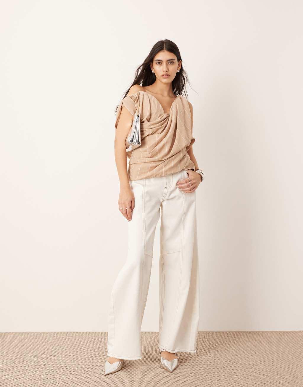 ASOS EDITION drape structure off shoulder corset top in stone stripe print Product Image