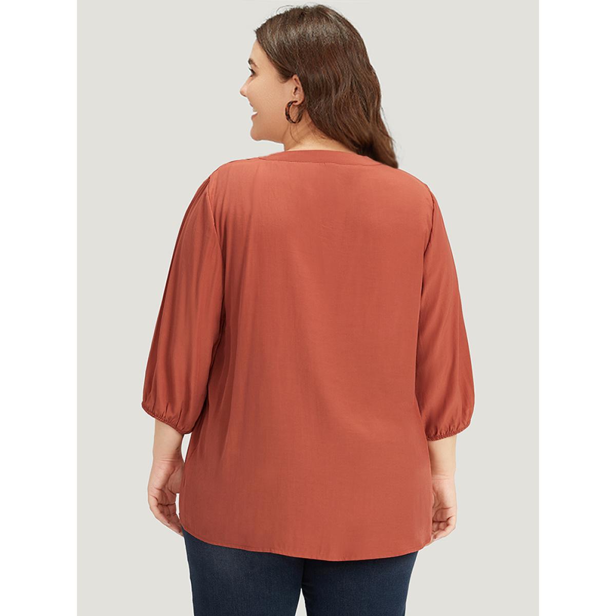 Plus Size Chocolate Plain Notched Button Through Elastic Cuffs Shirred Blouse Women Office Elbow-length sleeve V-neck Work Blouses BloomChic 10/M Product Image