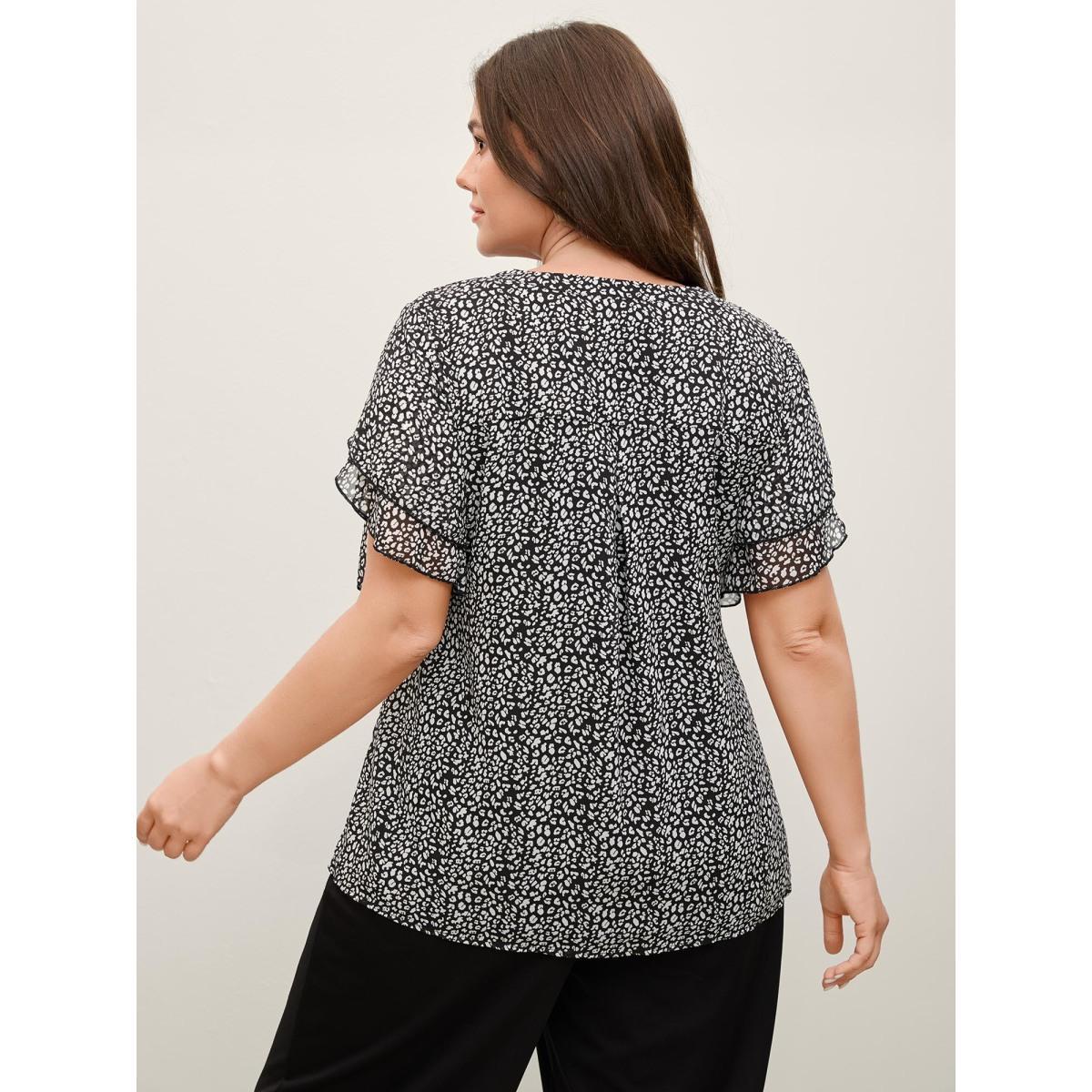 Plus Size Black Leopard Print Petal Layered Sleeve Blouse Women Short sleeve Notched collar Work Blouses BloomChic 22-24/3X Product Image