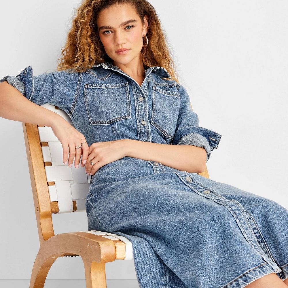 Women's Long Sleeve Denim Midi Dress - Future Collective Medium Wash Product Image
