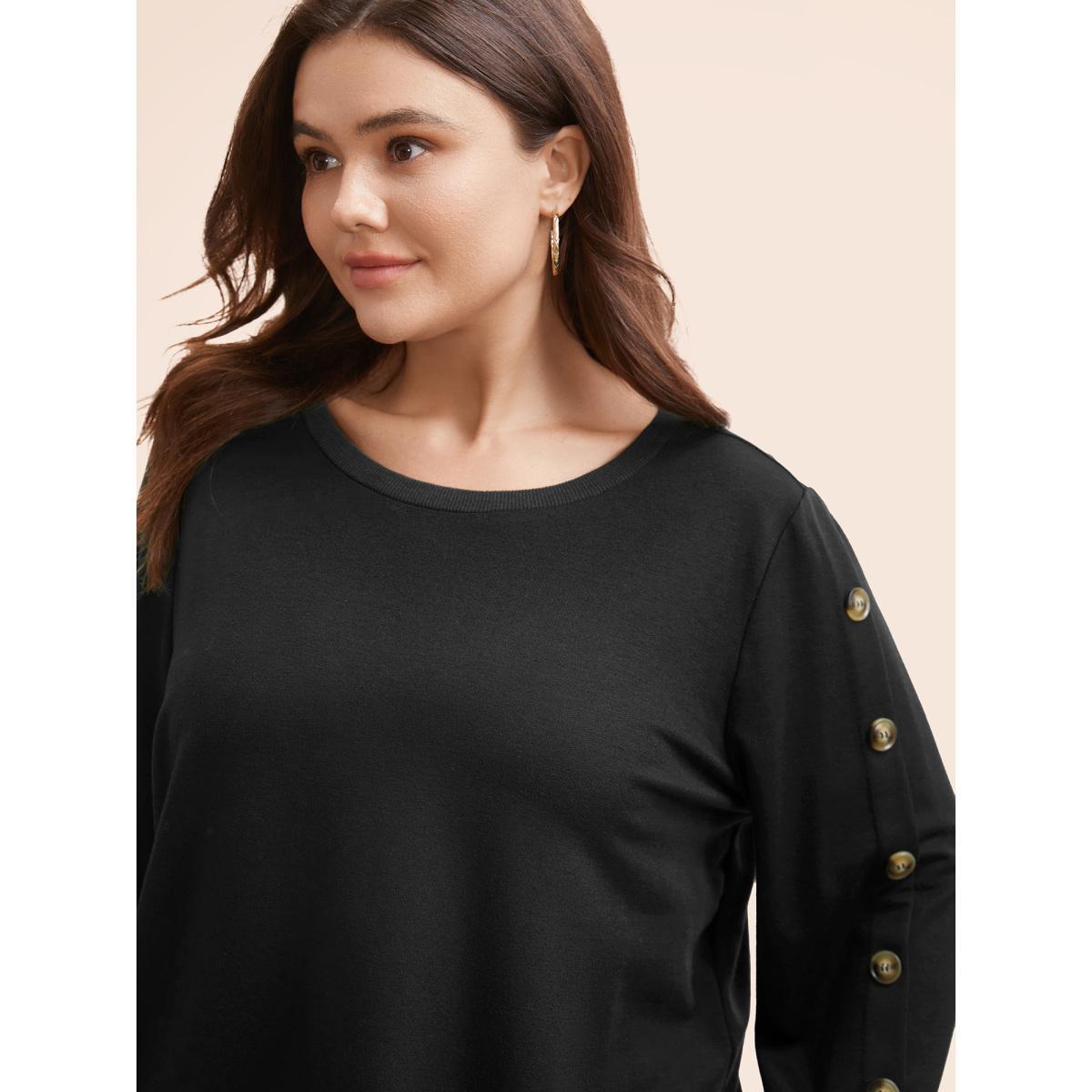 Plus Size Crew Neck Patchwork Button Detail Sweatshirt Women Black Casual Patchwork Round Neck Everyday Sweatshirts BloomChic 12/L Product Image