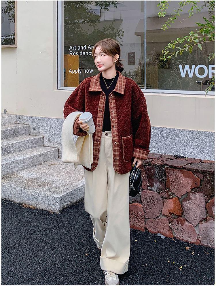 Plaid Trim Fleece Button-Up Jacket Product Image