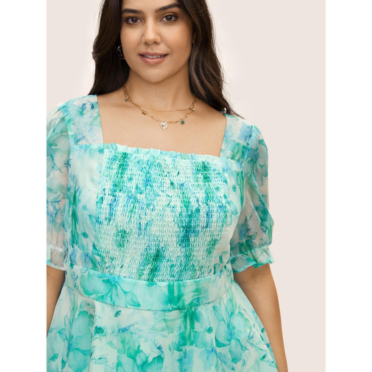 Plus Size Mint Square Neck Watercolor Floral Mesh Shirred Blouse Women Elegant Short sleeve Square Neck Everyday Blouses BloomChic 18-20/2X Product Image