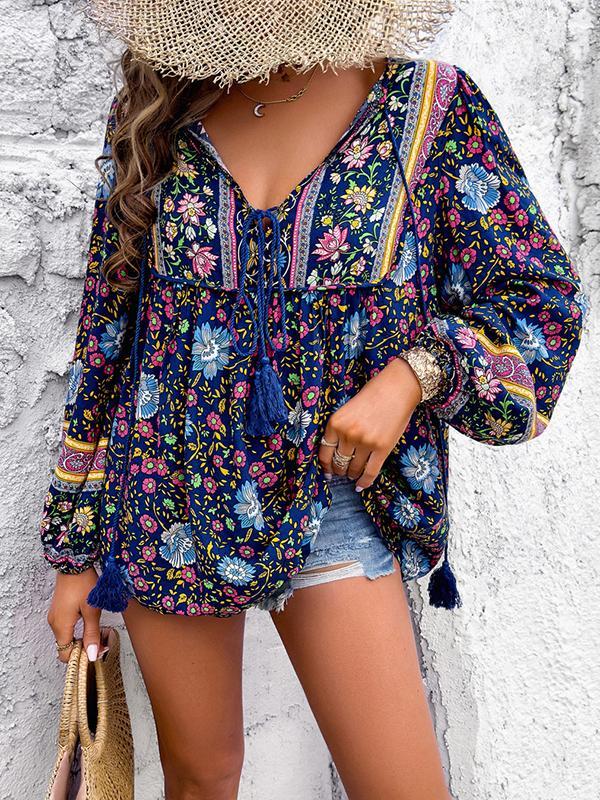 Long Sleeves Loose Contrast Color Elasticity Pleated Split-Joint Tied V-Neck Blouses&Shirts Tops Product Image
