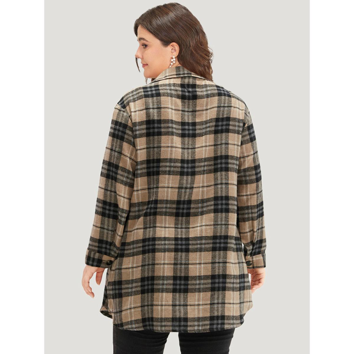 Plus Size Plaid Flap Pocket Curved Hem Coat Women Tan Contrast Pocket Dailywear Jackets BloomChic 22-24/3X Product Image