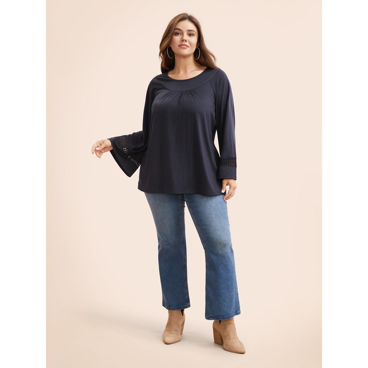 Plus Size Round Neck Lace Trim Raglan Sleeve T-shirt Indigo Women Casual Gathered Round Neck Everyday T-shirts BloomChic 22-24/3X Product Image