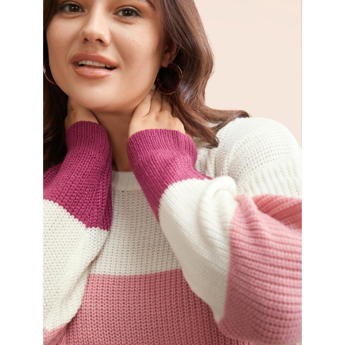 Plus Size Round Neck Colorblock Contrast Pullover RedViolet Women Casual Long Sleeve Round Neck Everyday Pullovers BloomChic 30/6X Product Image