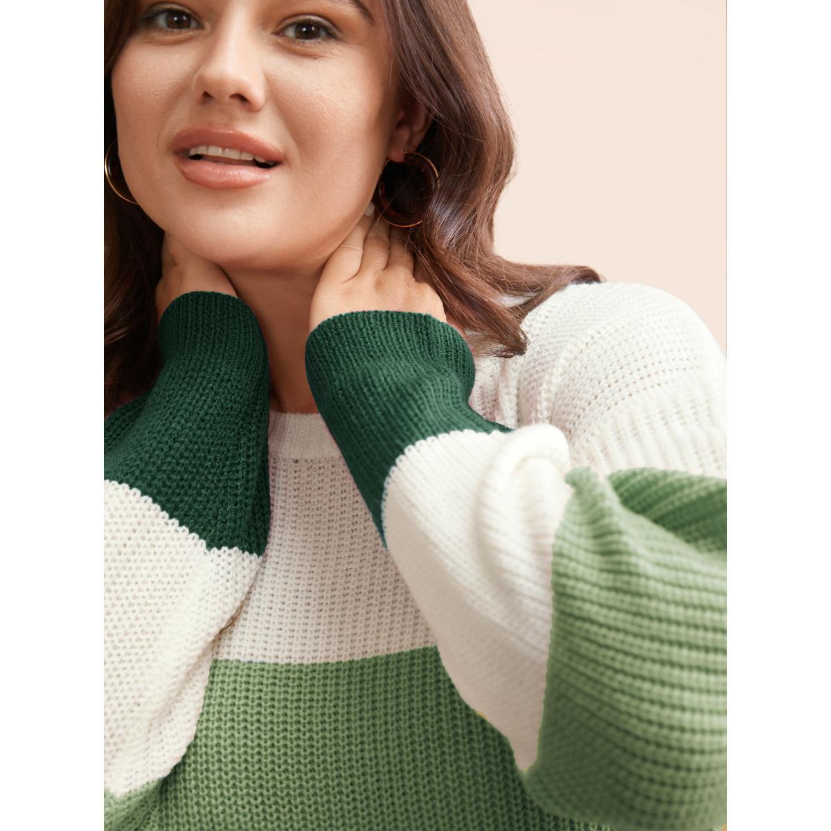 Plus Size Round Neck Colorblock Contrast Pullover DarkGreen Women Casual Long Sleeve Round Neck Everyday Pullovers BloomChic 10/M Product Image