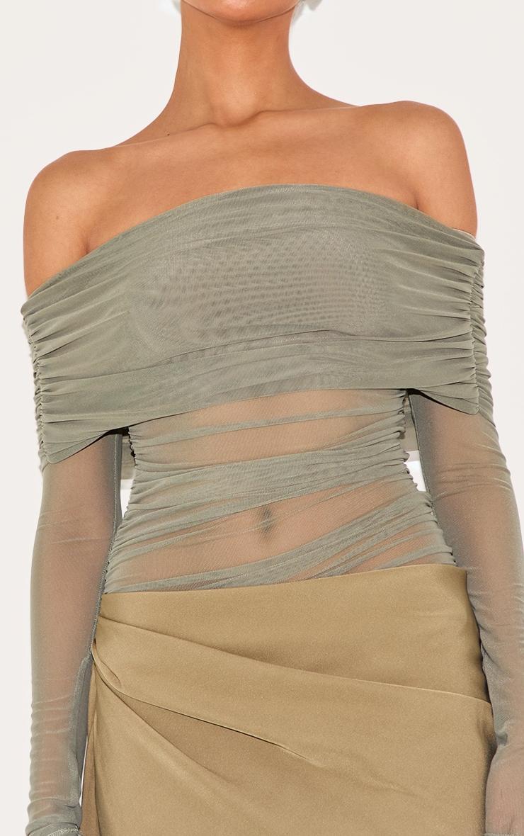  Olive Satin Mesh Detail Bardot Maxi Dress Product Image