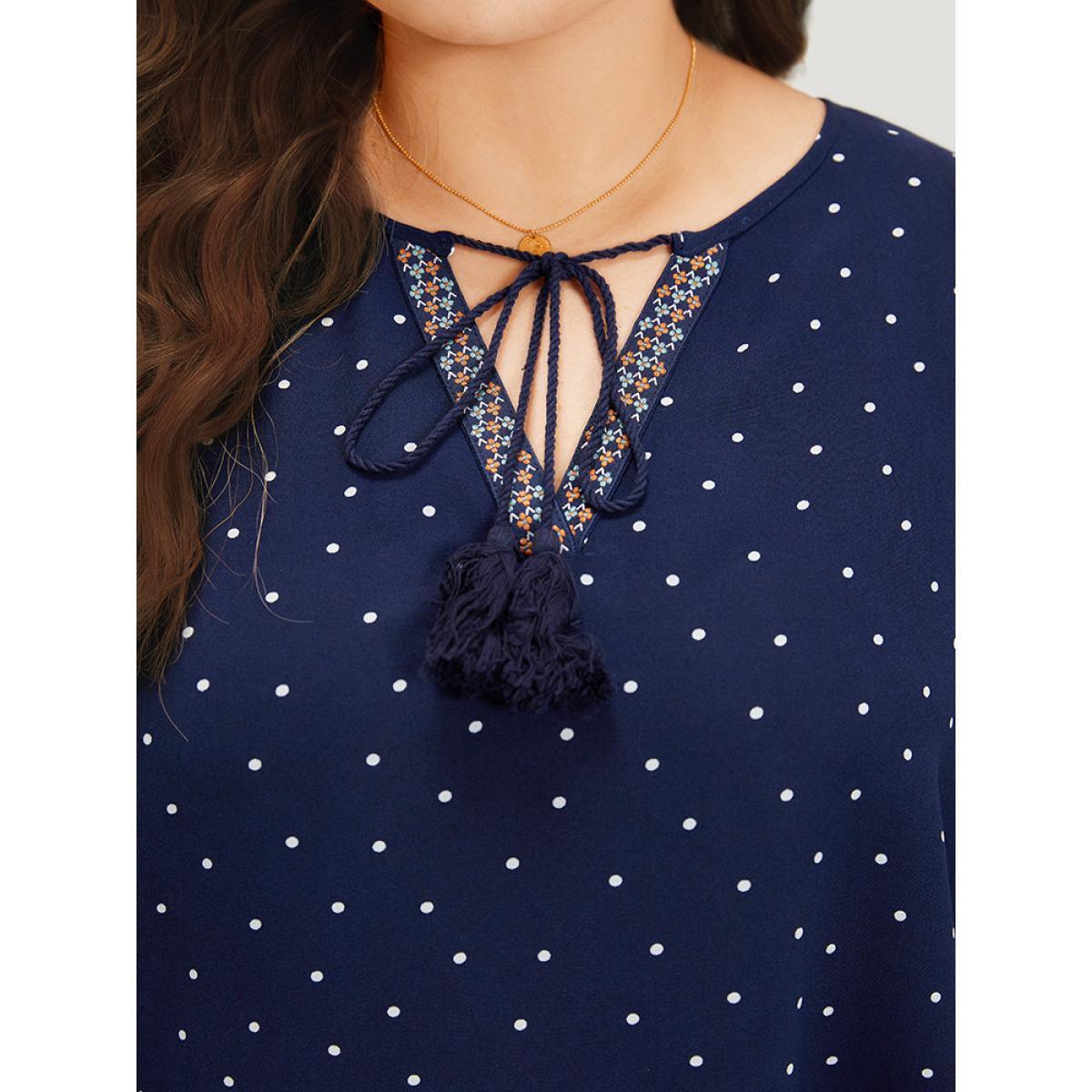 Plus Size Indigo Polka Dot Tassels Ties Elastic Cuffs Blouse Women Vacation Elbow-length sleeve V-neck Vacation Blouses BloomChic 12/L Product Image