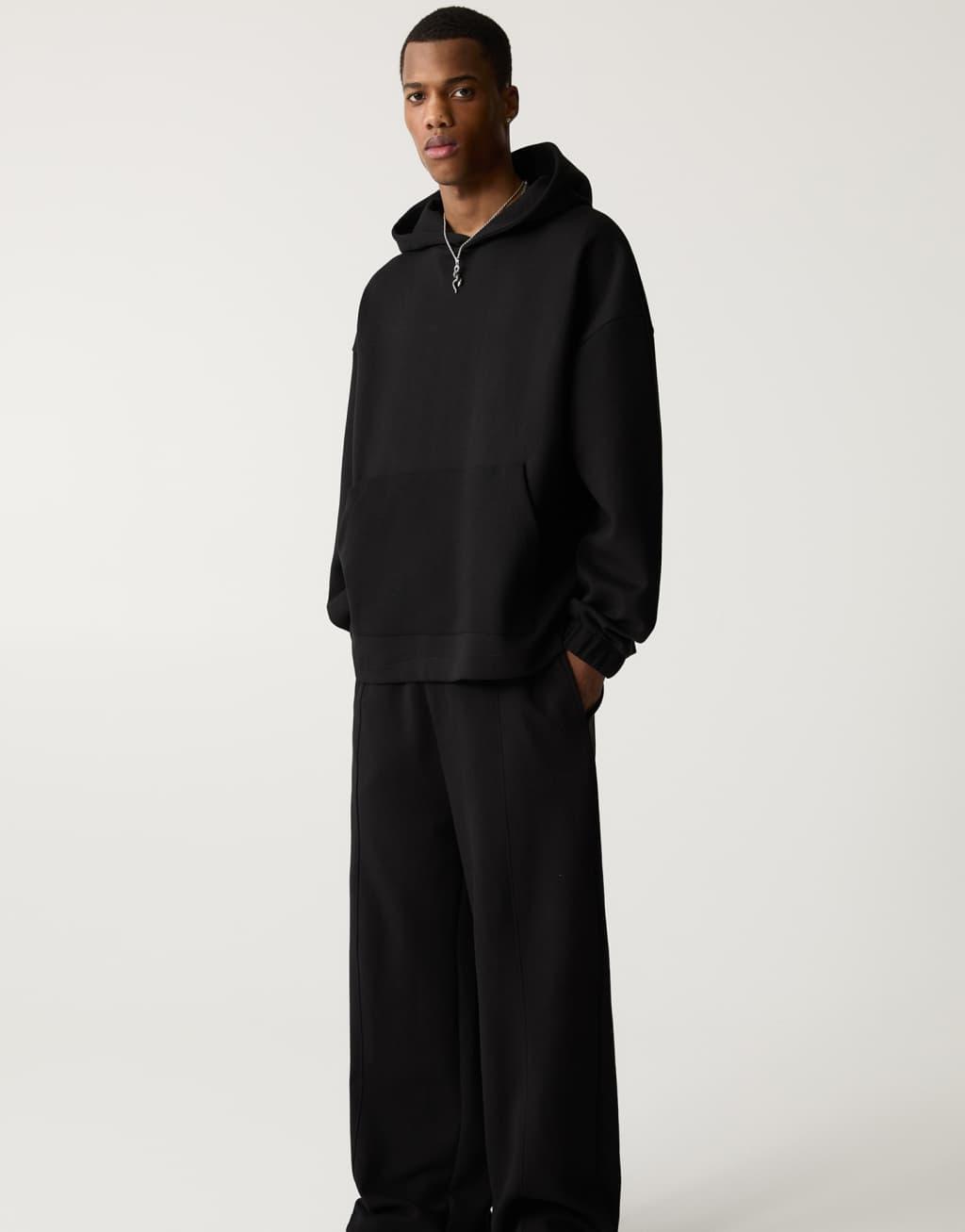 Pull&Bear premium hoodie in black Product Image