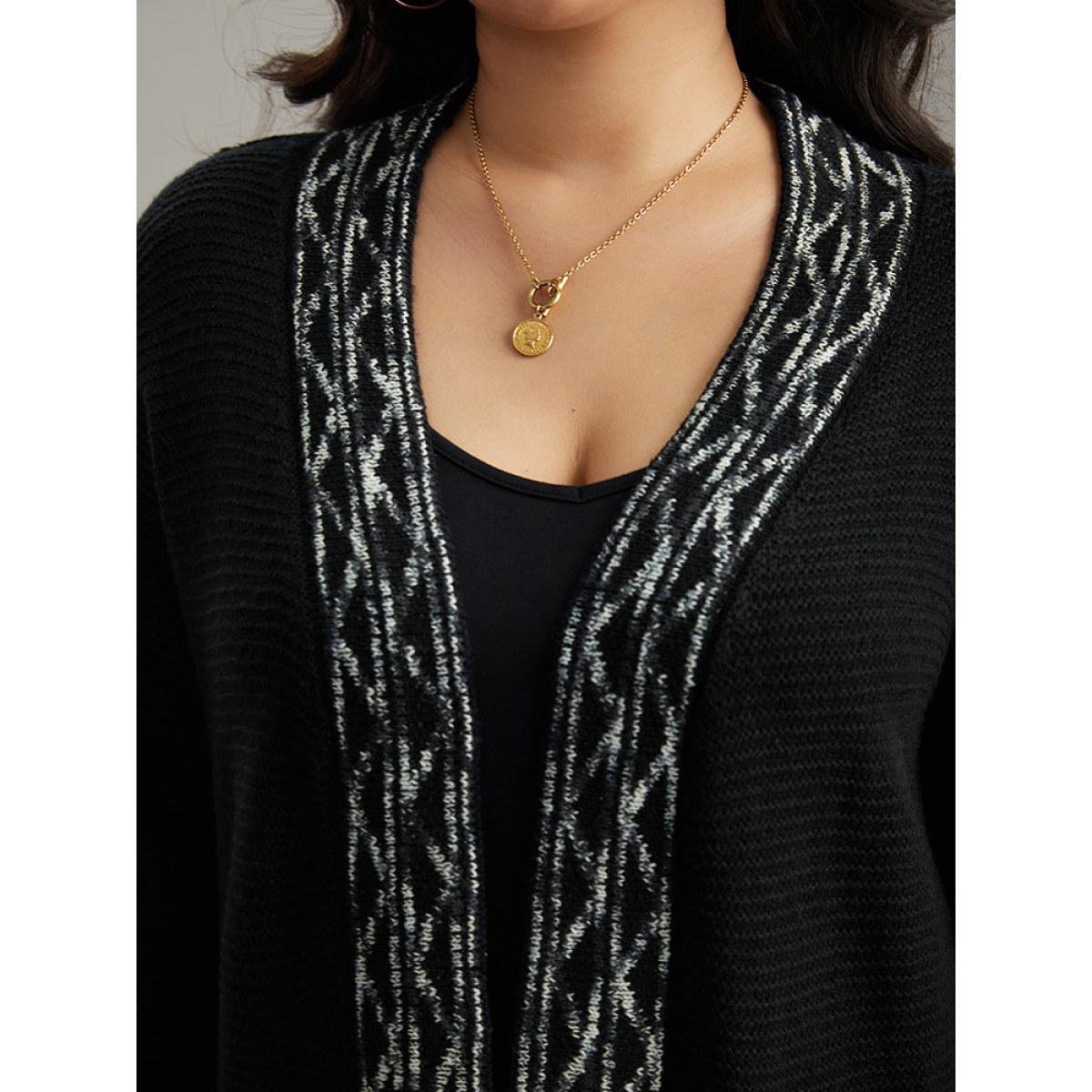 Plus Size Bandana Trim Patched Pocket Cardigan Black Women Casual Loose Long Sleeve Everyday Cardigans BloomChic 30/6X Product Image