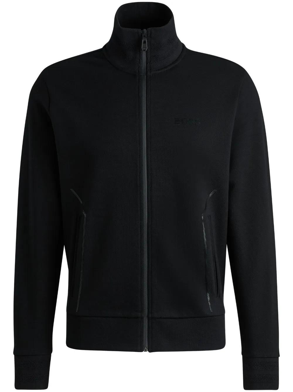 HUGO BOSS Cotton-blend Sweatshirt With Jacquard Collar And Cuffs In Black Product Image