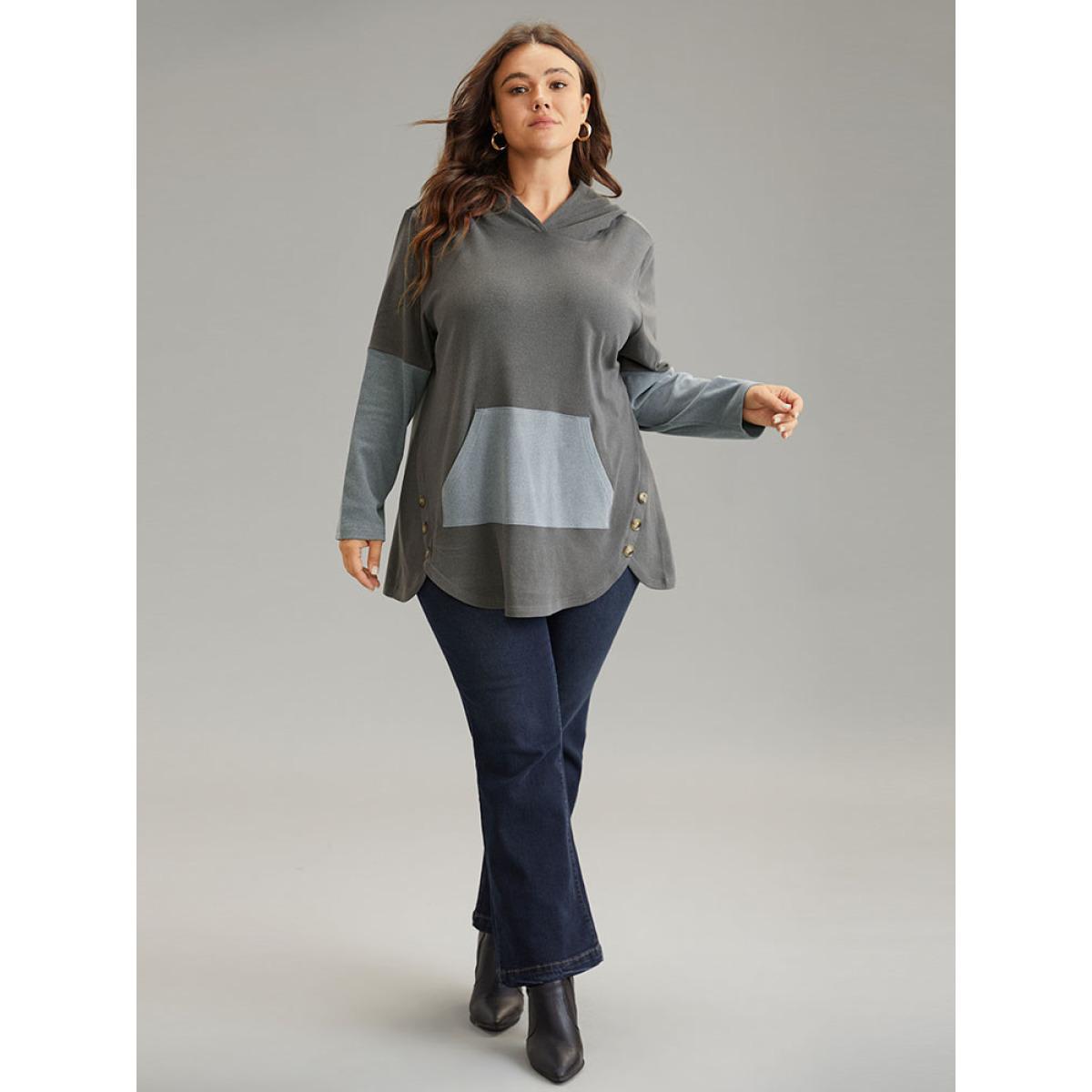 Plus Size Contrast Kangaroo Pocket Hooded Button Detail Sweatshirt Women DimGray Elegant Contrast Hooded Dailywear Sweatshirts BloomChic 10/M Product Image