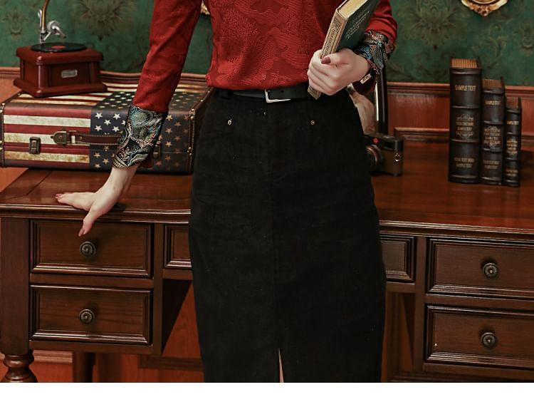Long-Sleeve Mandarin Collar Patterned Panel Jacquard Blouse Product Image