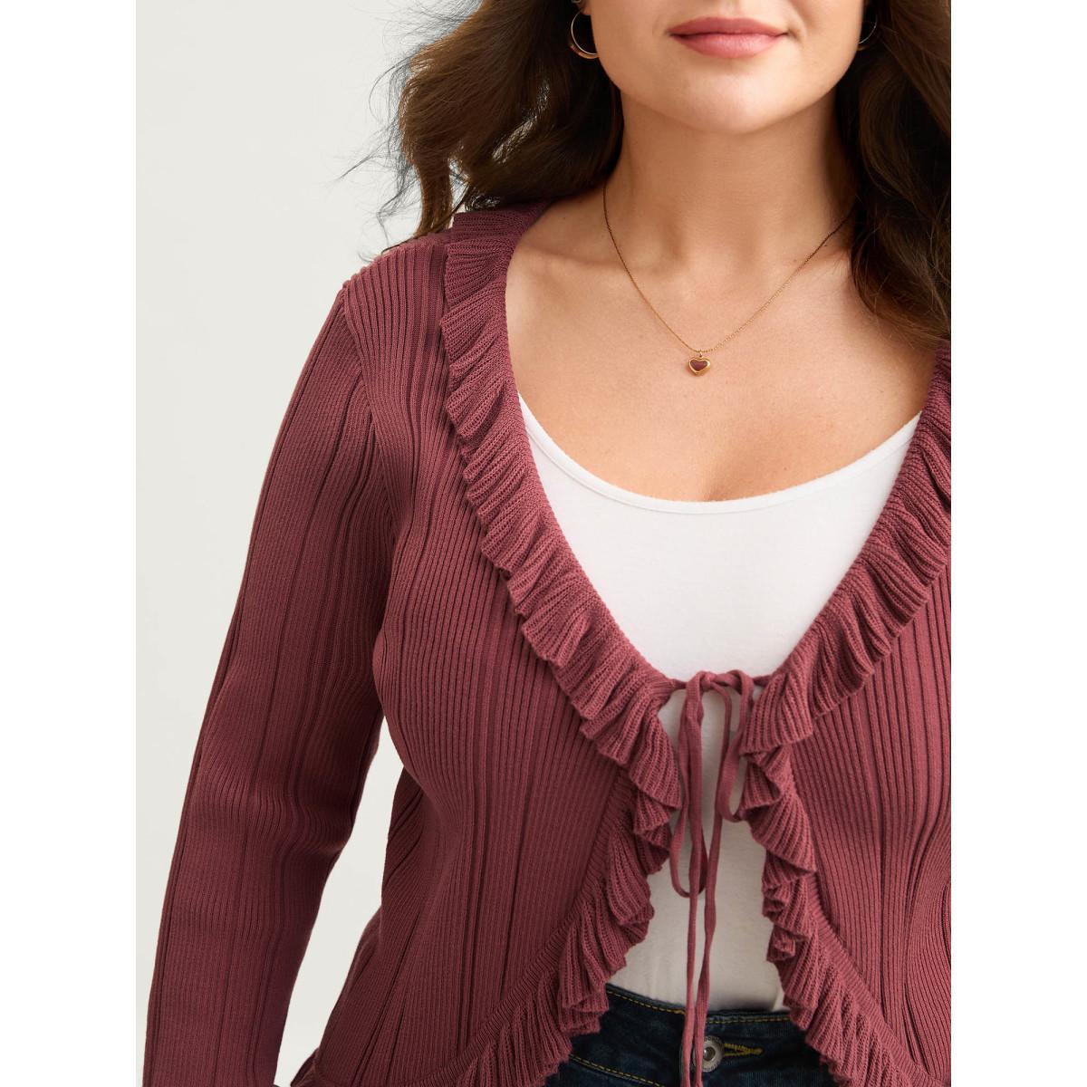 Plus Size Ruffled Edged Front Tie Knit Cardigan Rust Women Bodycon Long Sleeve Everyday-Elegant Cardigans BloomChic 22-24/3X Product Image