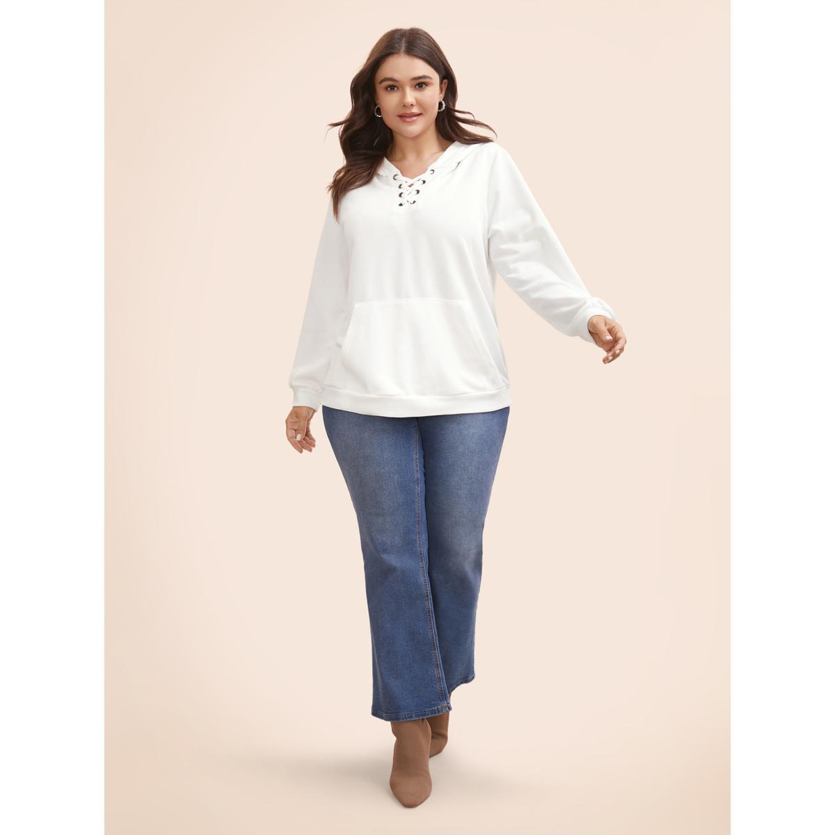 Plus Size Cross Straps Kangaroo Pocket Hooded Sweatshirt Women WhiteSmoke Elegant Eyelet Hooded Everyday Sweatshirts BloomChic 28/5X Product Image