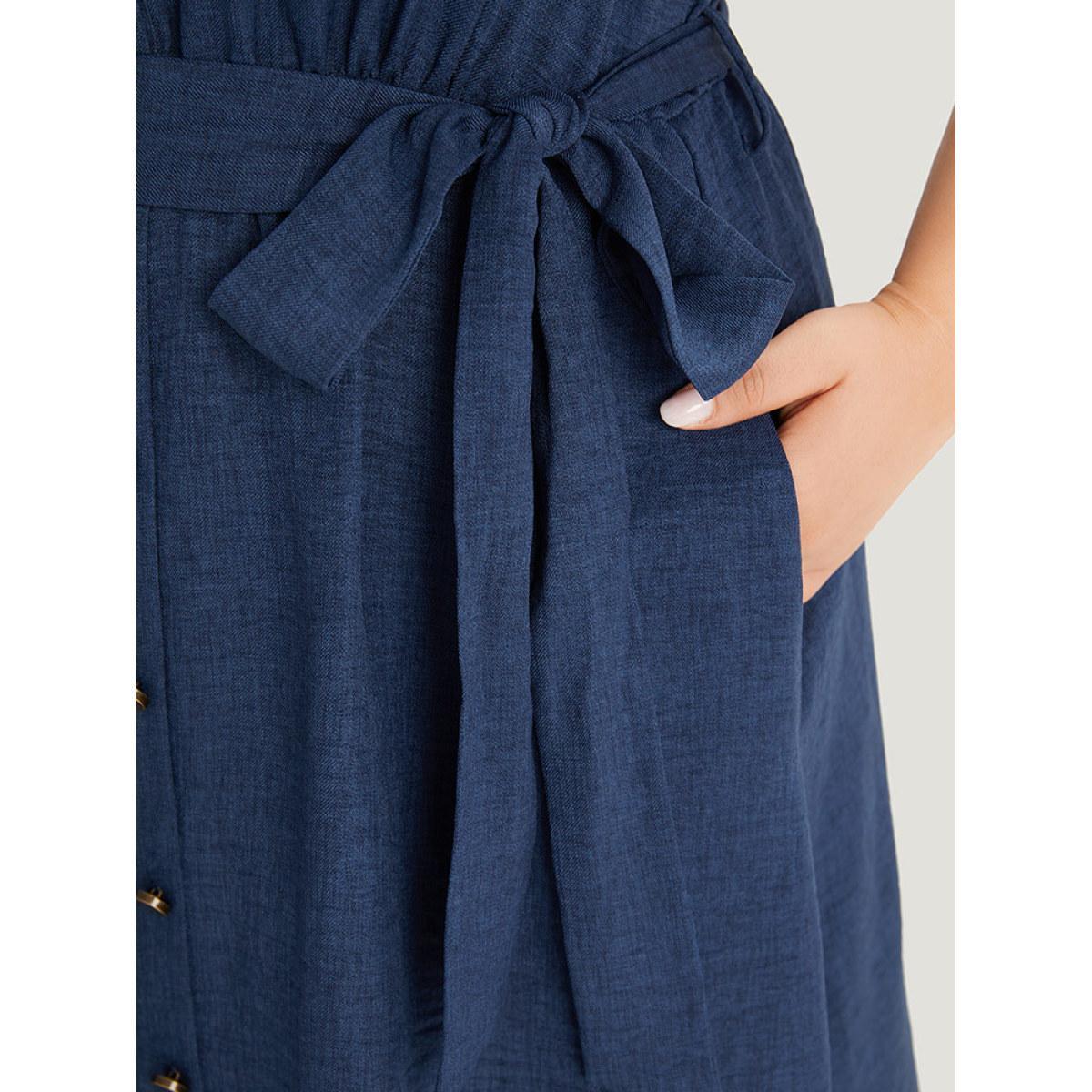 Plus Size Plain Pocket Button Detail Belted Split Side Tank Dress Navy Women Office Plain V-neck Sleeveless Curvy Midi Dress BloomChic 22-24/3X Product Image