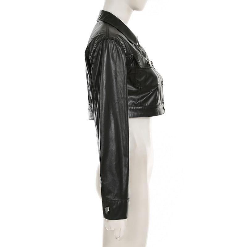 Collared Plain Button-Up Faux Leather Crop Jacket Product Image