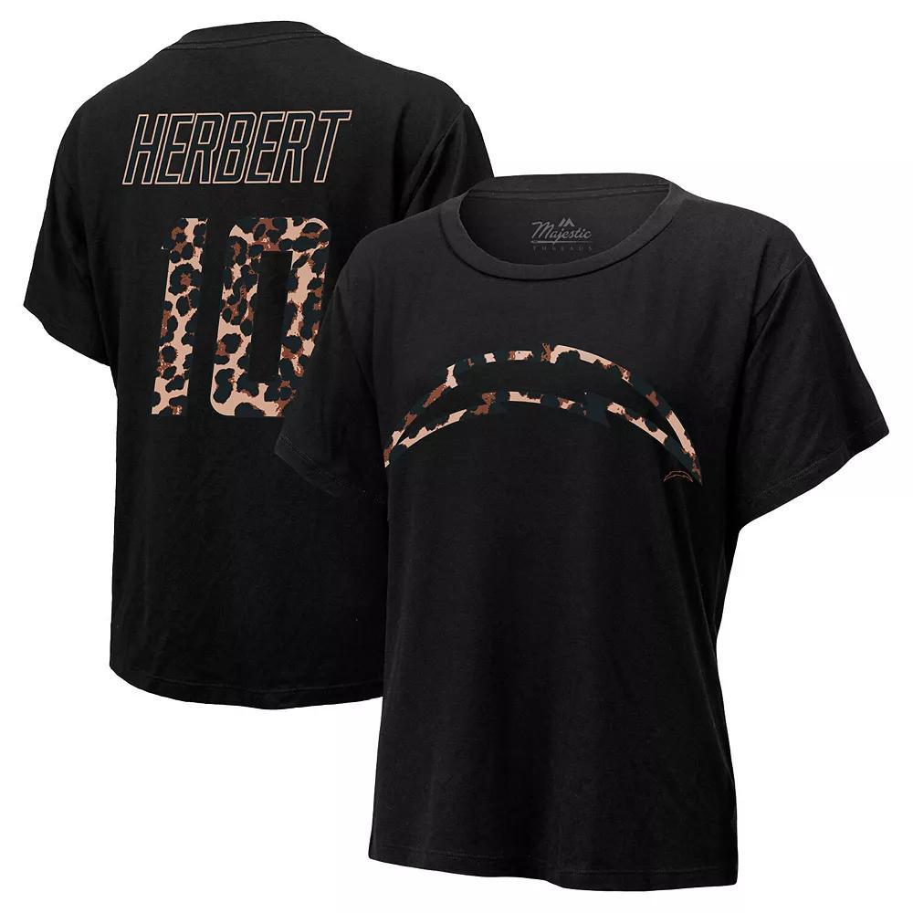 Women's Majestic Threads Justin Herbert Black Los Angeles Chargers Leopard Player Name & Number T-Shirt, Size: Large Product Image