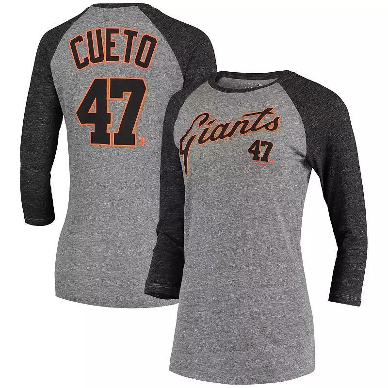Women's 5th & Ocean by New Era Johnny Cueto Gray San Francisco Giants Script Name & Number Raglan Tri-Blend 3/4-Sleeve T-Shirt, Size: Small, Grey Product Image