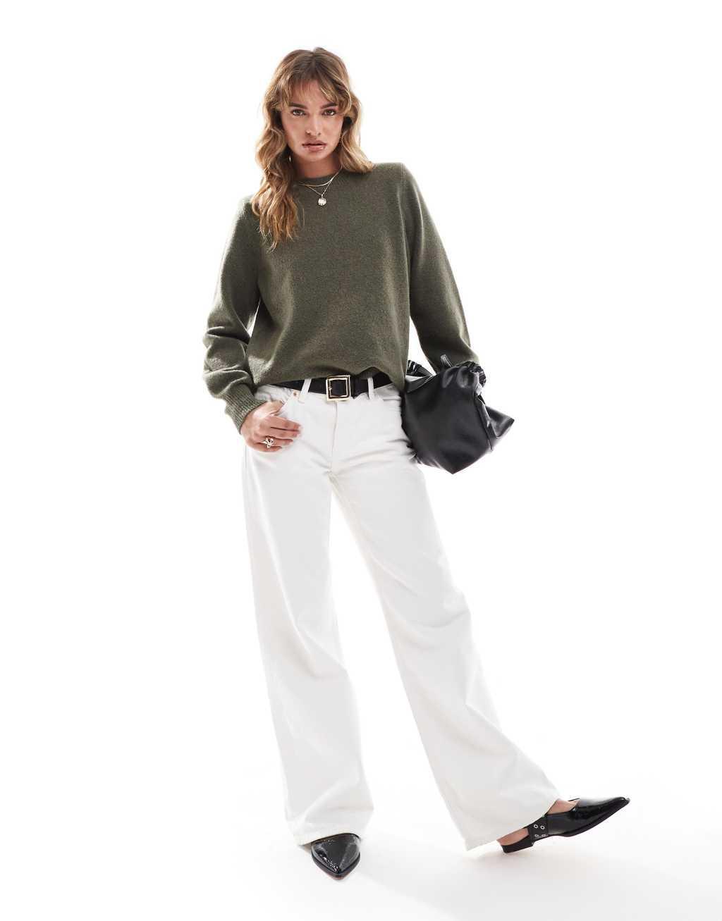 ASOS DESIGN compact crew neck sweater with shoulder pads in khaki Product Image