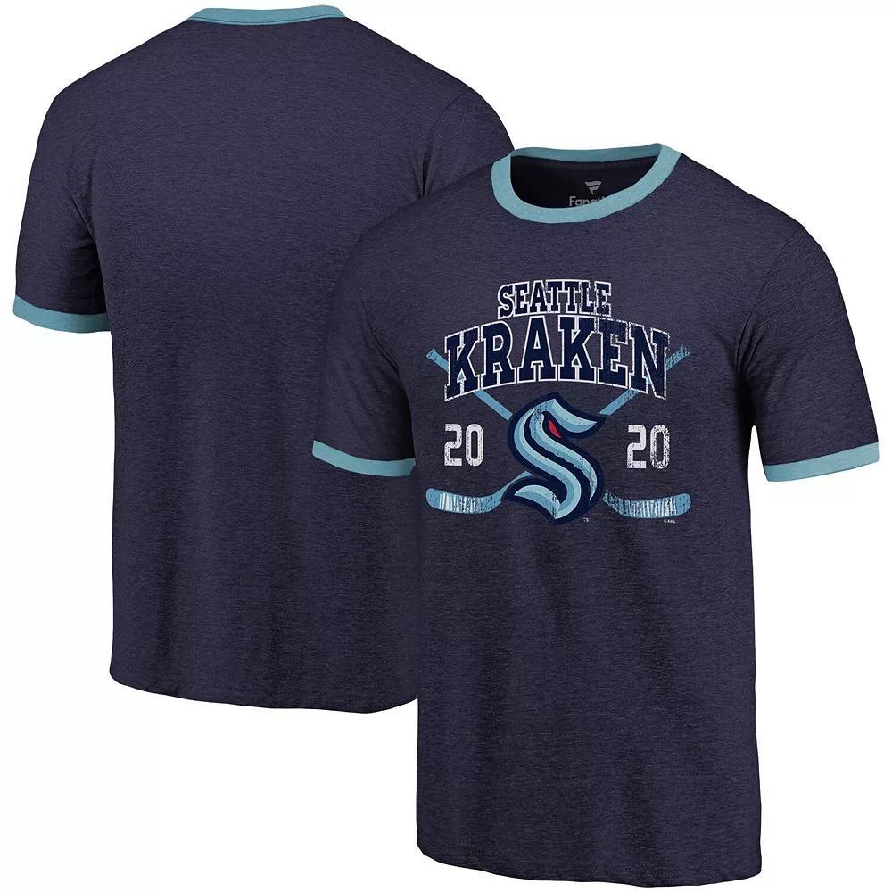 Men's Fanatics Branded Heathered Deep Sea Blue Seattle Kraken Buzzer Beater Tri-Blend Ringer T-Shirt, Size: Small, Krk Blue Product Image