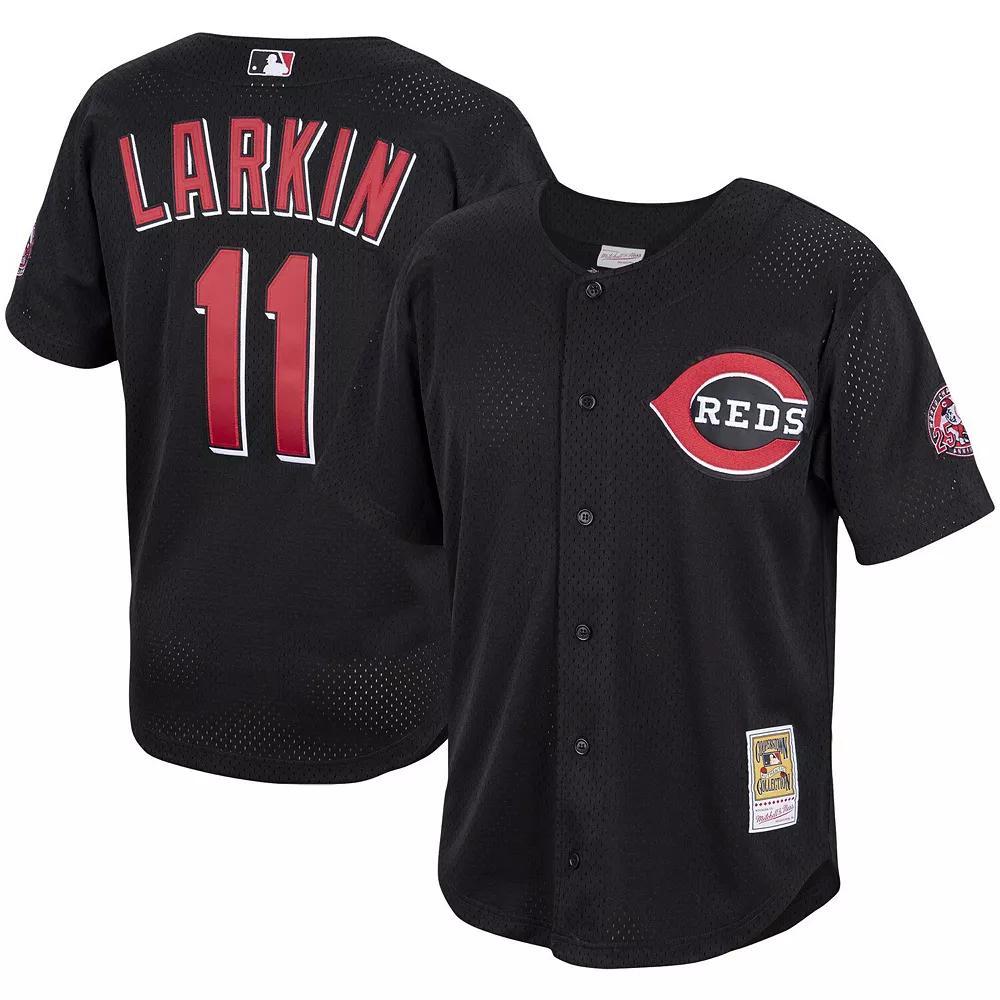 Men's Mitchell & Ness Barry Larkin Black Cincinnati Reds Cooperstown Collection Mesh Batting Practice Button-Up Jersey, Size: Medium, Red Black Product Image