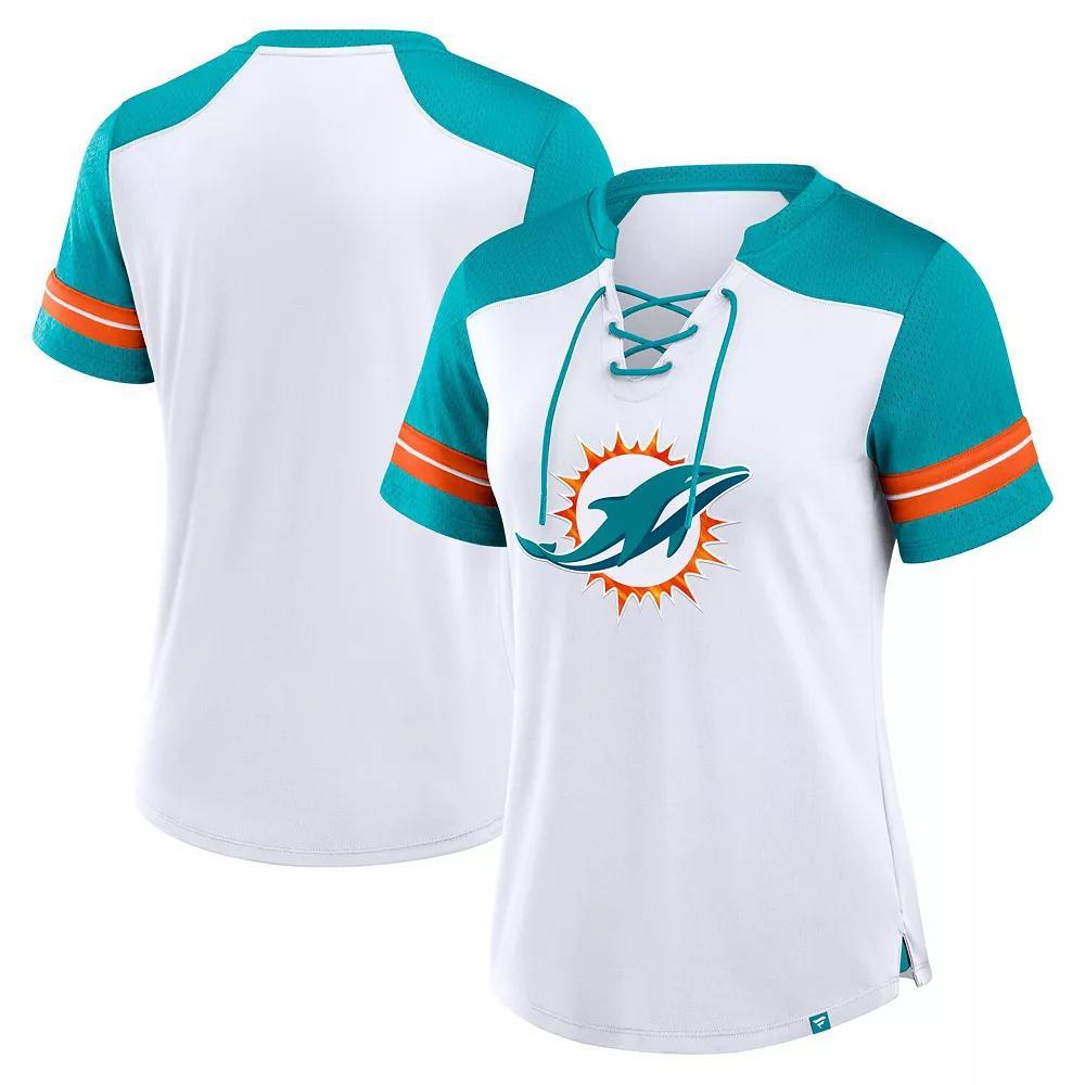 Women's Fanatics White/Aqua Miami Dolphins Foiled Primary Lace-Up T-Shirt, Size: 3XL Product Image