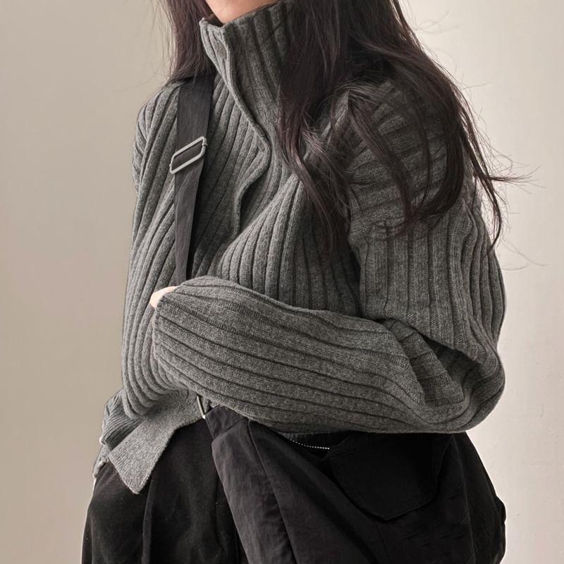 Stand Collar Plain Ribbed Cardigan Product Image