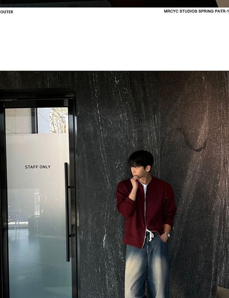 Stand Collar Ribbed Zip-Up Plain Jacket Product Image