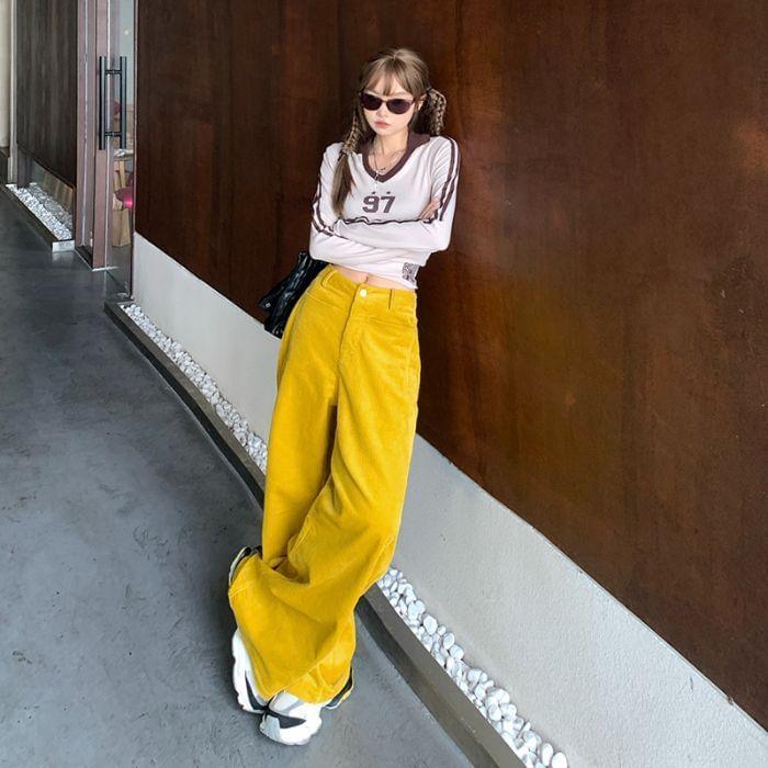 High Rise Corduroy Plain Wide Leg Pants (Various Designs) Product Image