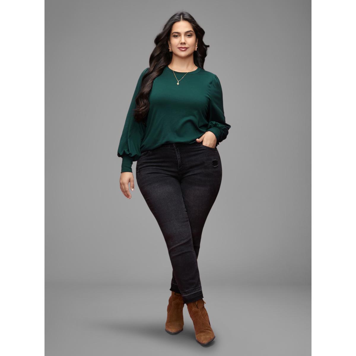 Plus Size Round Neck Balloon Sleeves A-line Tee DarkGreen Women Elegant Gathered Round Neck Everyday T-shirts BloomChic 12/L Product Image