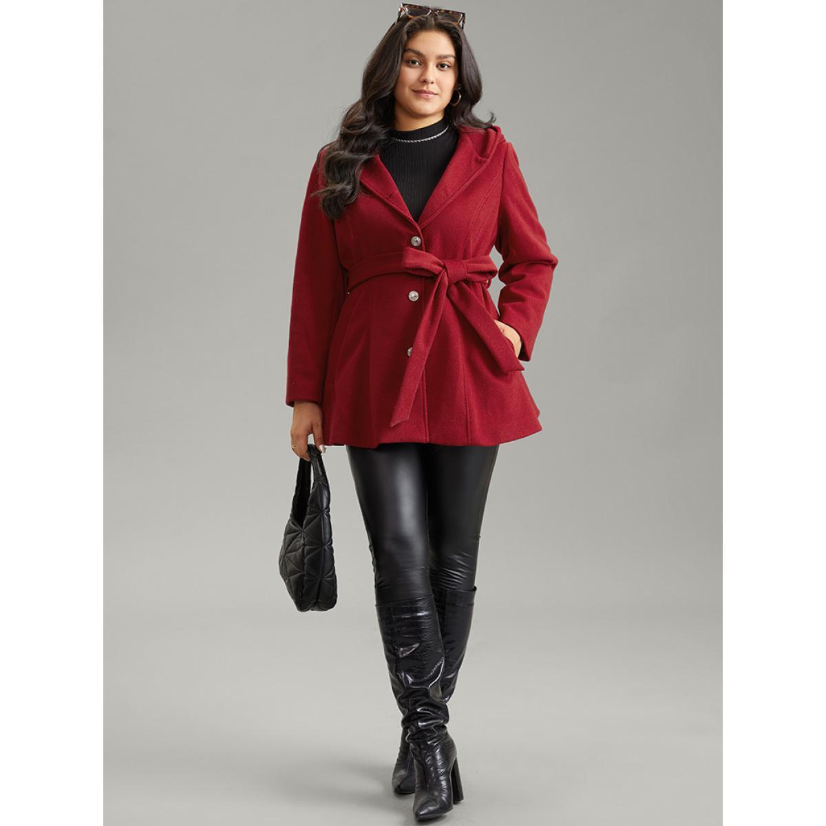 Plus Size Solid Hooded Belted Buckle Detail Coat Women Scarlet Elegant Lined Ladies Dailywear Winter Coats BloomChic 26/4X Product Image