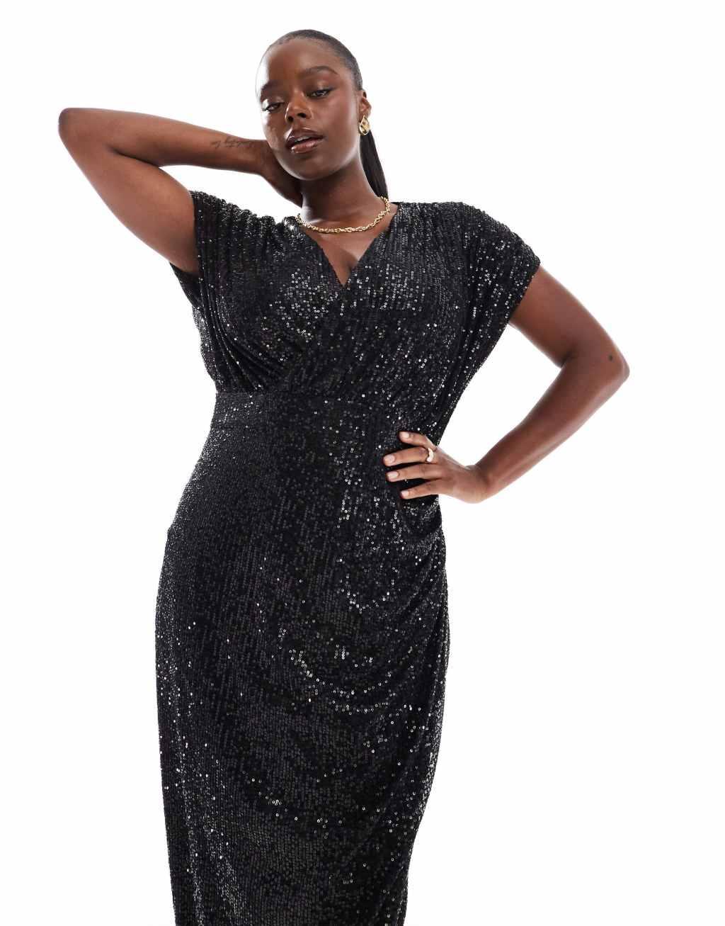 TFNC Plus sequin wrap maxi dress in black Product Image