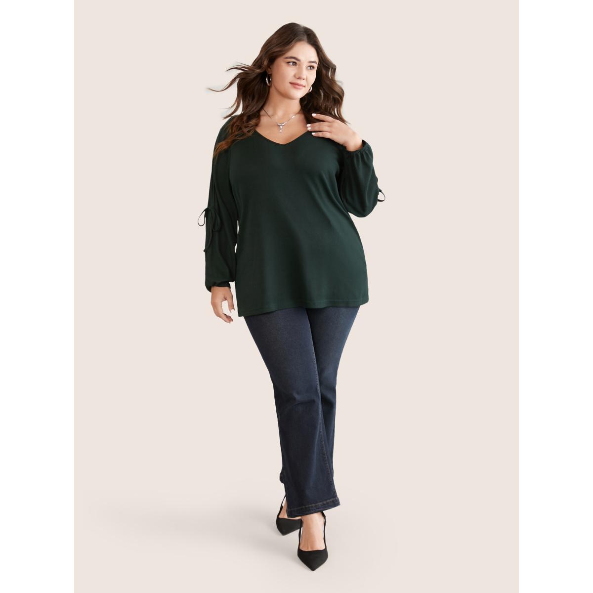 Plus Size Solid V Neck Knot Ties T-shirt DarkGreen Women Elegant Elastic cuffs Plain V-neck Everyday T-shirts BloomChic 12/L Product Image