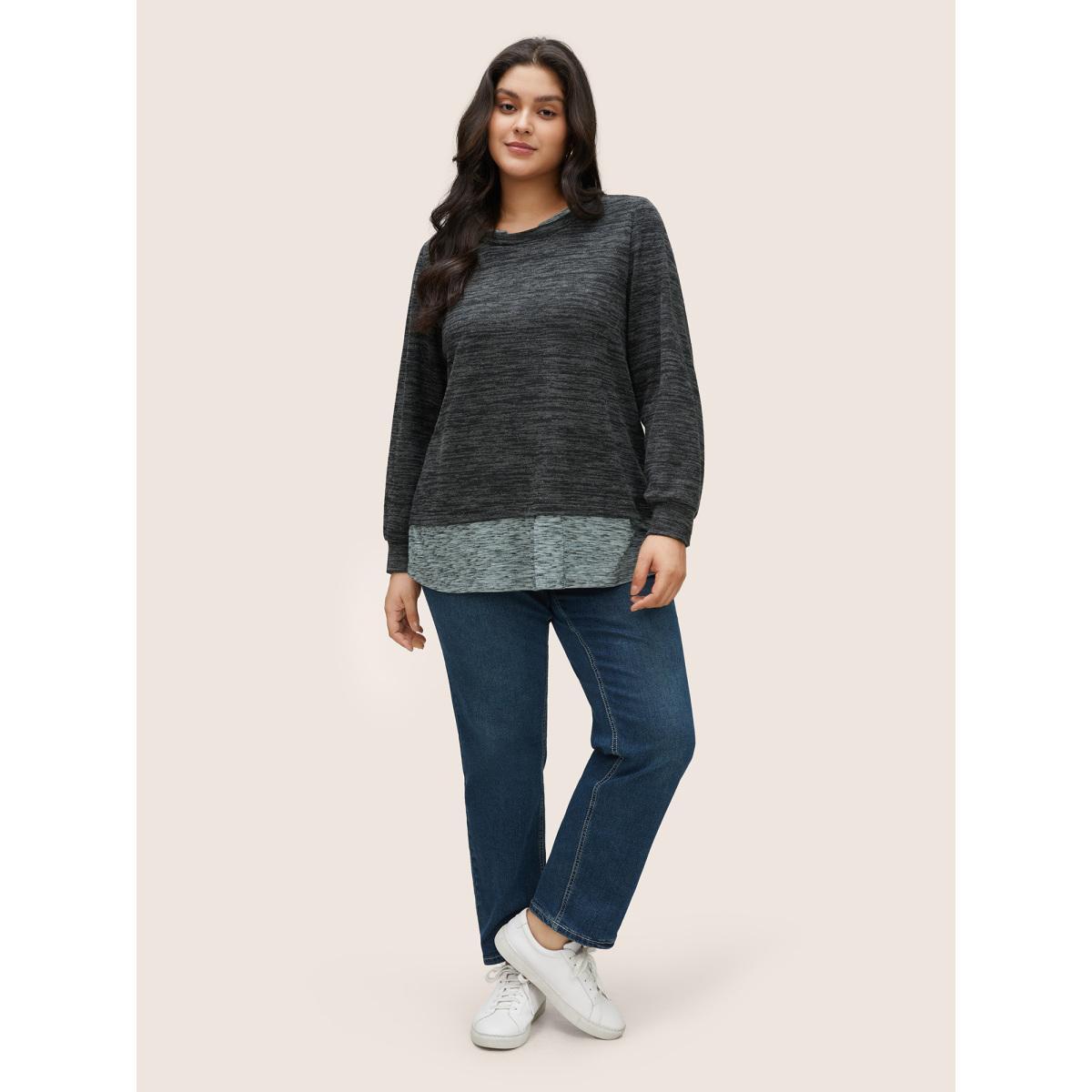 Plus Size 2-In-1 Heather Patchwork Sweatshirt Women Black Casual Contrast Round Neck Everyday Sweatshirts BloomChic 22-24/3X Product Image