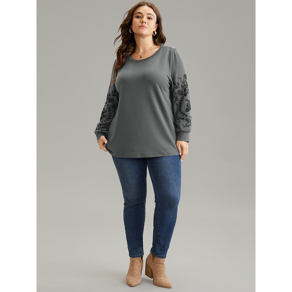 Plus Size Plants Embroidered Elastic Cuffs Crew Neck Sweatshirt Women Gray Casual Embroidered Round Neck Everyday Sweatshirts BloomChic 12/L Product Image