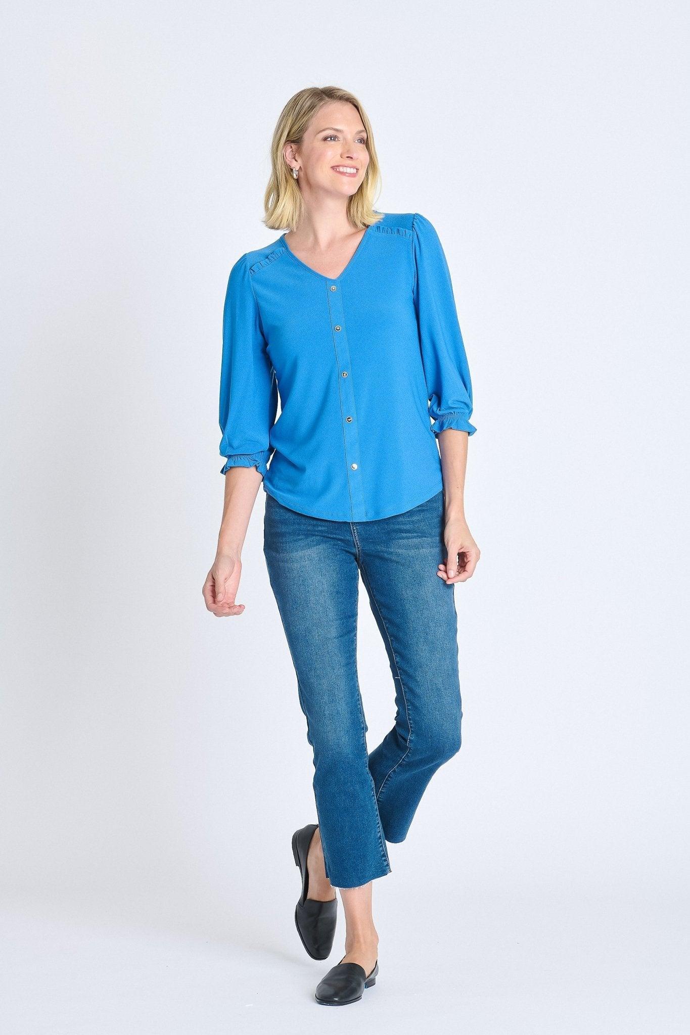Ruffle 3/4 Sleeve Button Top, Star Sapphire Product Image