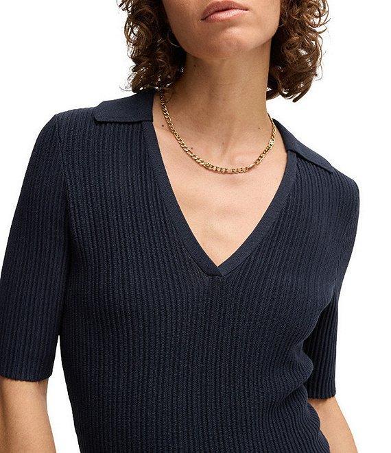 BOSS By Hugo Boss Fracie Ribbed Knit V-Neck Elbow Sleeve Fit-And-Flare Midi Dress Product Image