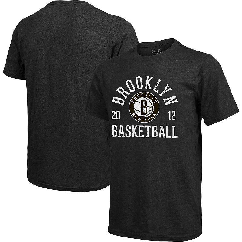 Men's Majestic Threads Heathered Black Brooklyn Nets Ball Hog Tri-Blend T-Shirt, Size: Large, Charco Product Image