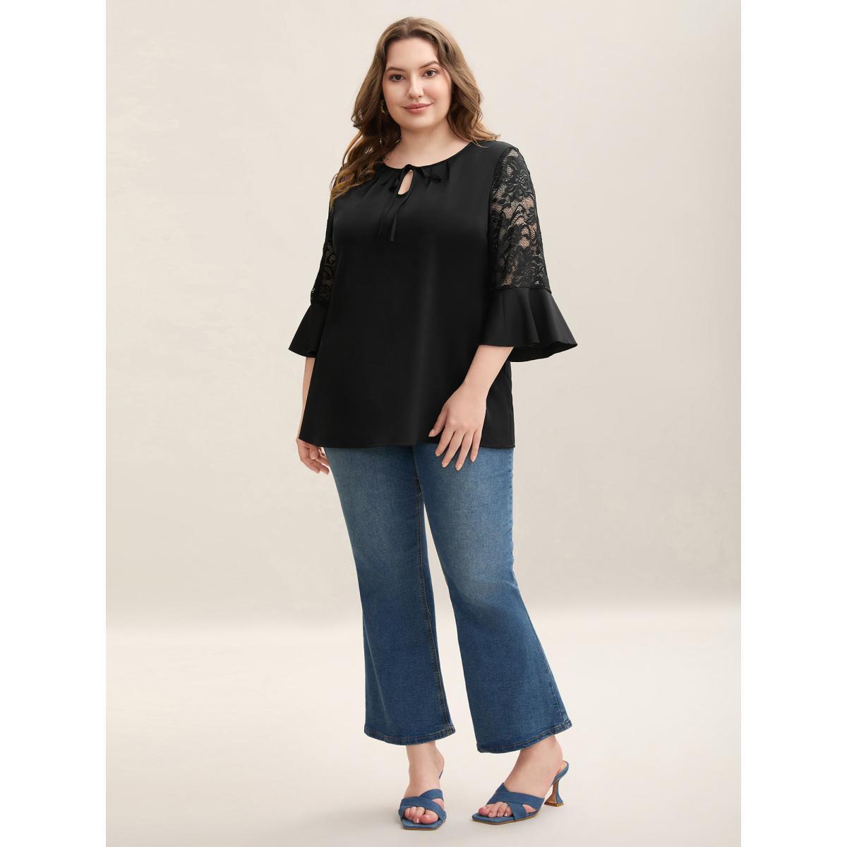 Plus Size Black Lace Sleeve Neck Tie Flared Blouse Women Elegant Elbow-length sleeve Round Neck Everyday Blouses BloomChic 22-24/3X Product Image